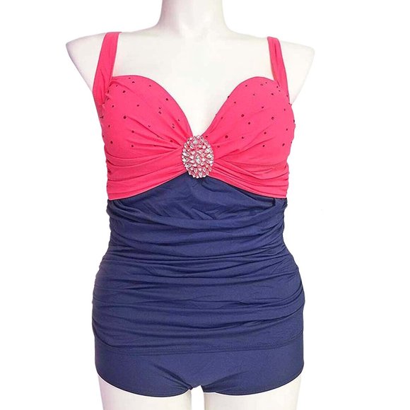 Ruched Front 1pc Swimsuit Sizes 10 or 12  Navy Blue Swimwear with Front Jewel - Picture 6 of 9
